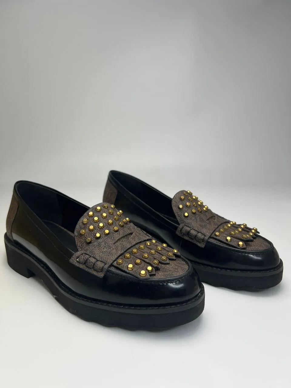 Alberta Studded Leather Loafers in Black/Brown