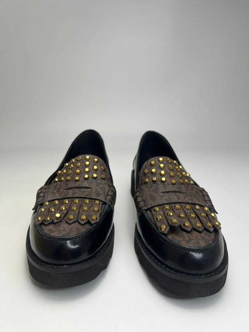 Alberta Studded Leather Loafers in Black/Brown