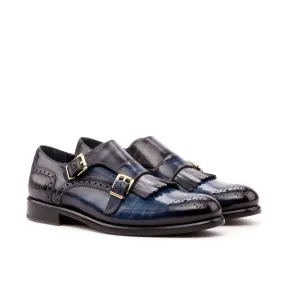 Ambrogio Bespoke Custom Women's Shoes Denim & Blue Patina Leather Kiltie Monk-Straps Loafers (AMBW1102)