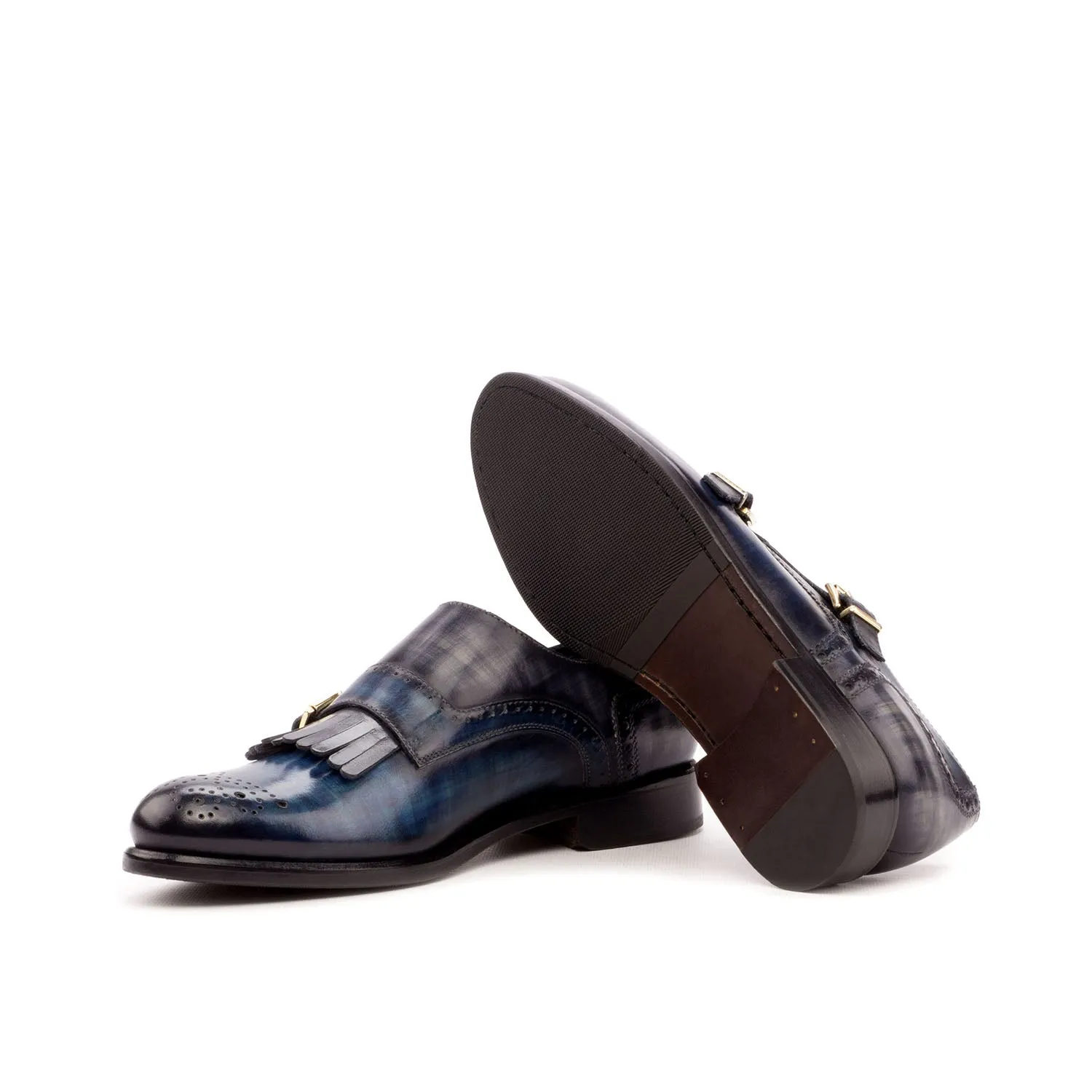 Ambrogio Bespoke Custom Women's Shoes Denim & Blue Patina Leather Kiltie Monk-Straps Loafers (AMBW1102)