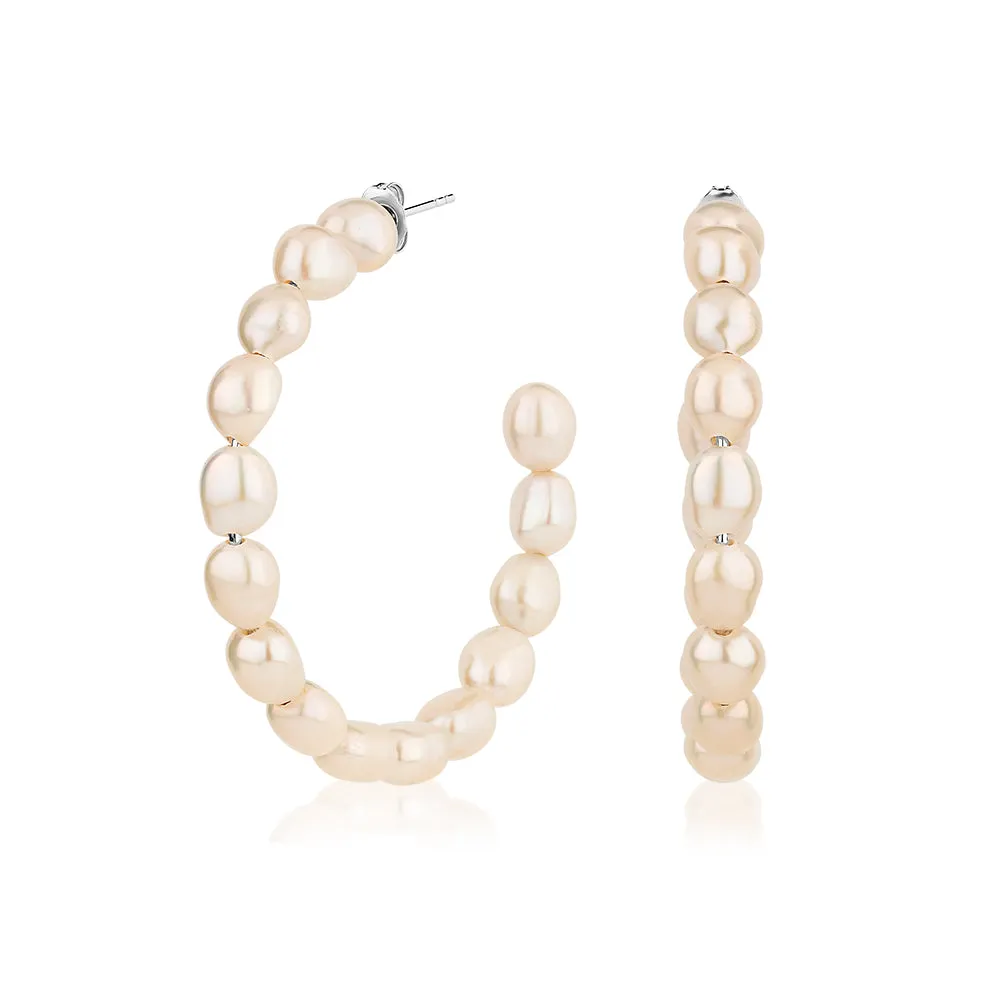 Cultured freshwater pearl hoop earrings in sterling silver