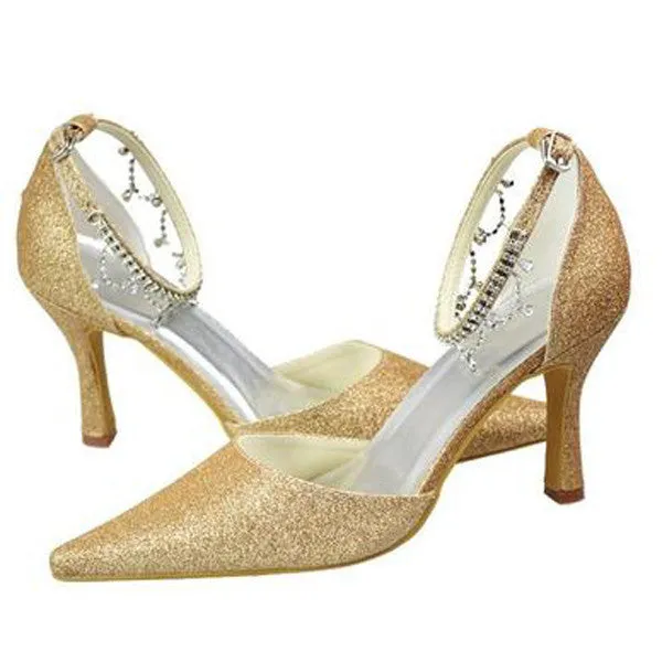 Gold Sequin Shiny Gorgeous Sparkly Ankle Strap Shoes For Women, L599