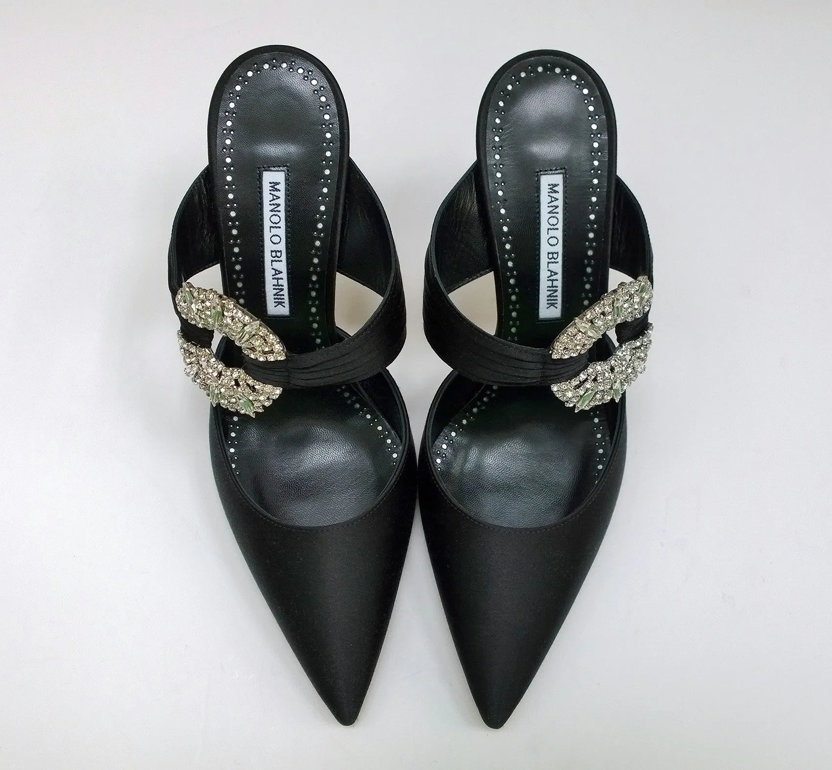 Manolo Blahnik Maidugura 90 Black Satin Rhinestone Buckle Heels Mules