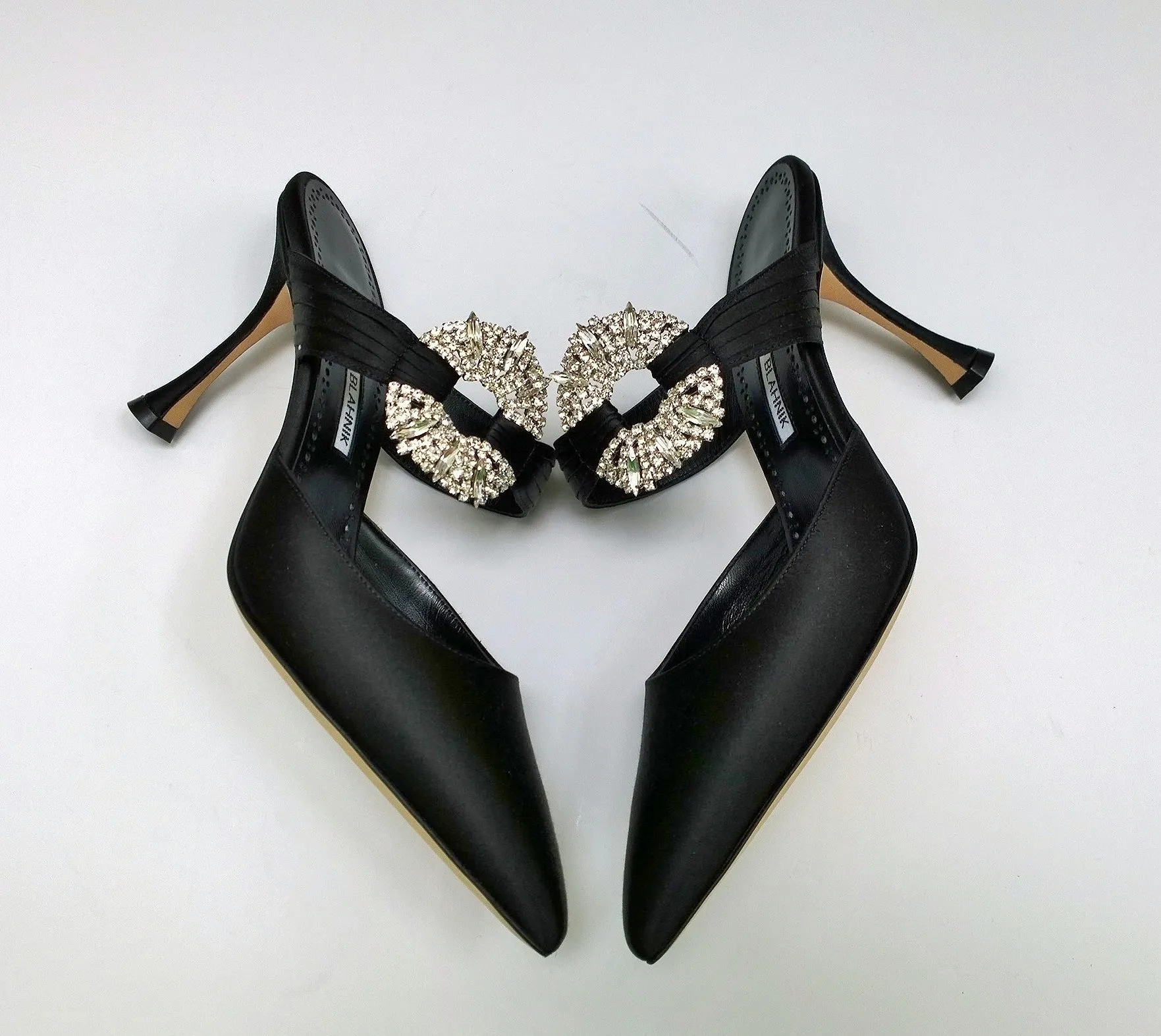 Manolo Blahnik Maidugura 90 Black Satin Rhinestone Buckle Heels Mules