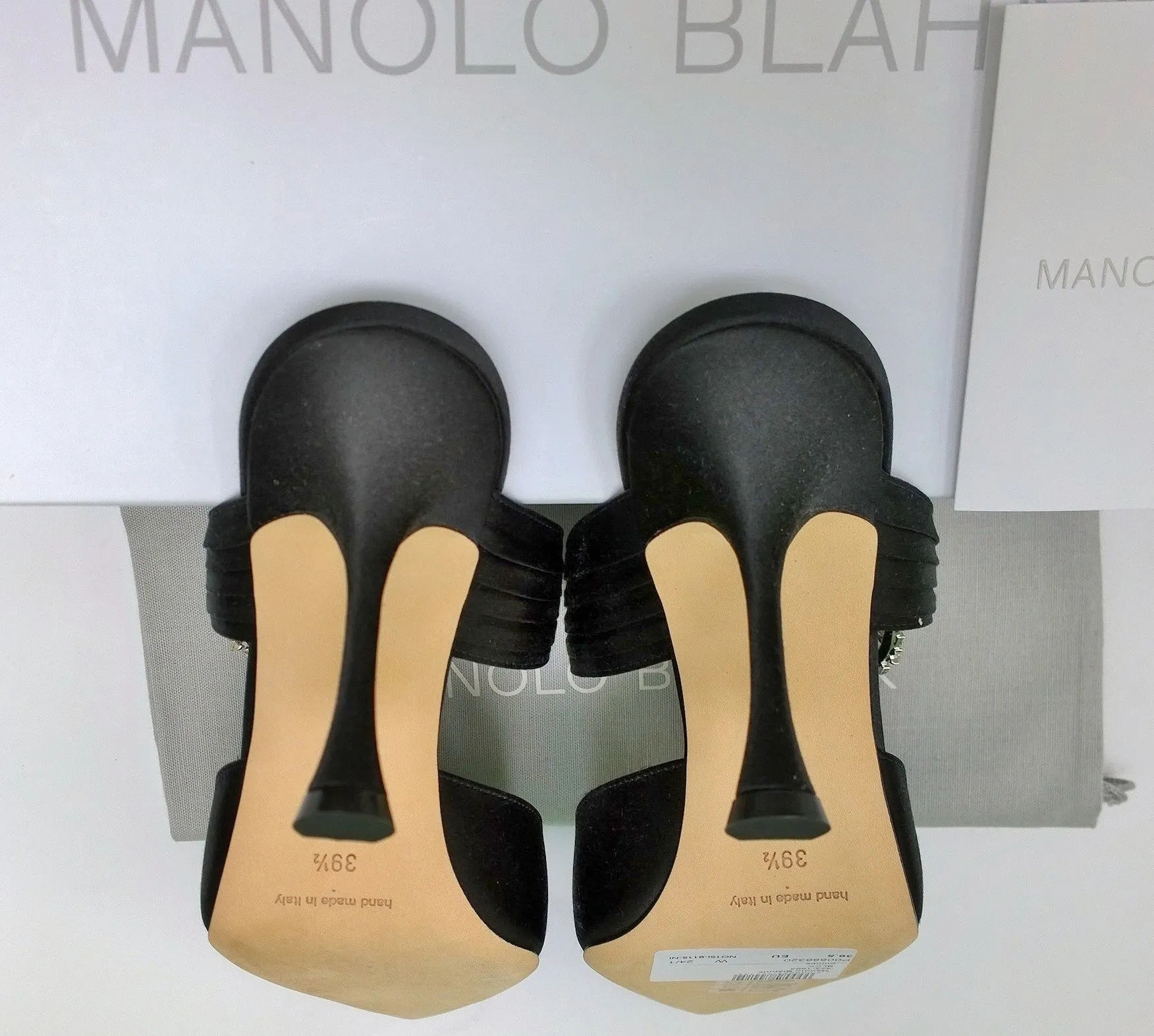 Manolo Blahnik Maidugura 90 Black Satin Rhinestone Buckle Heels Mules