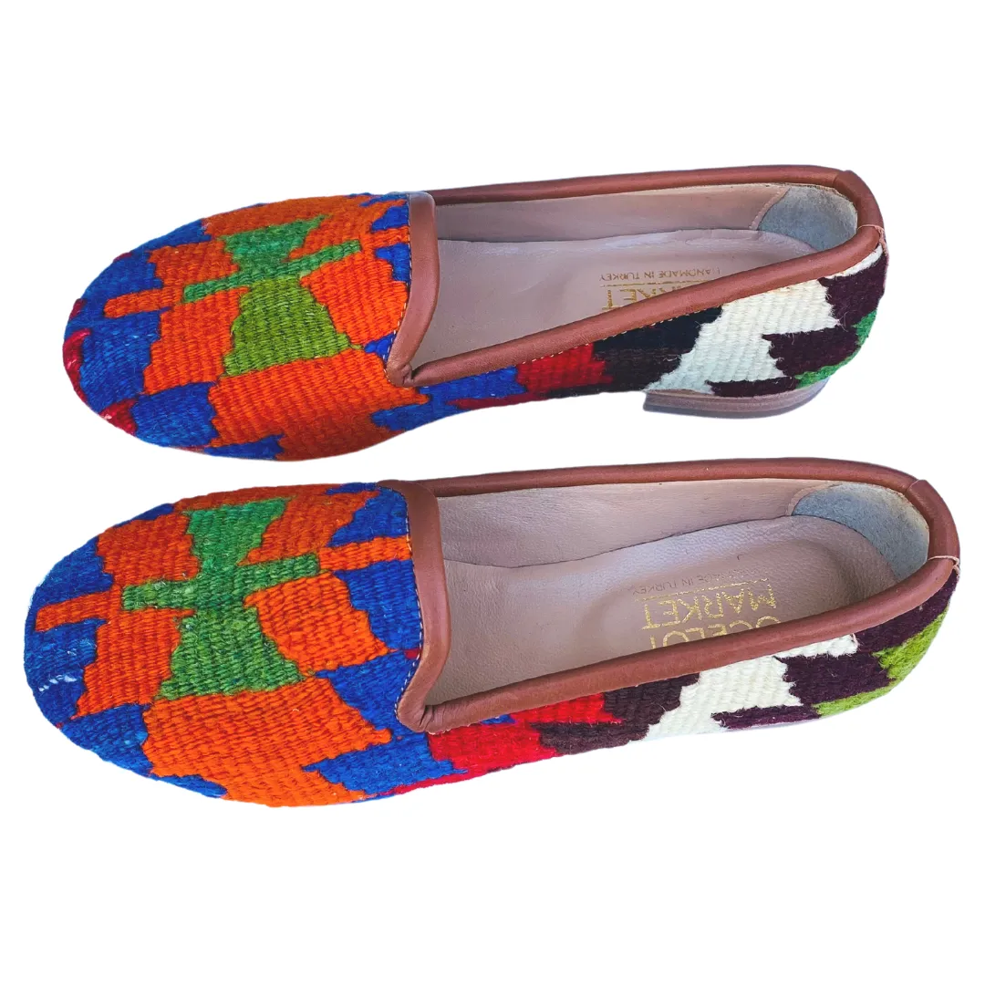 Women's Turkish Kilim Loafer Bright Orange with Blue & Green