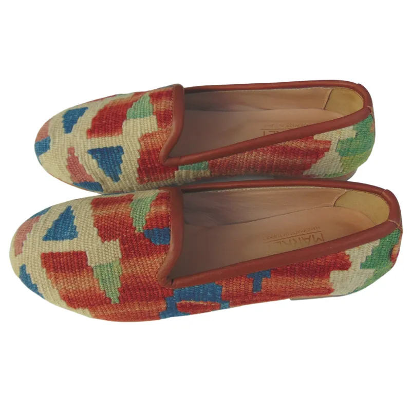 Women's Turkish Kilim Loafer Red & Blue with Cream Pattern