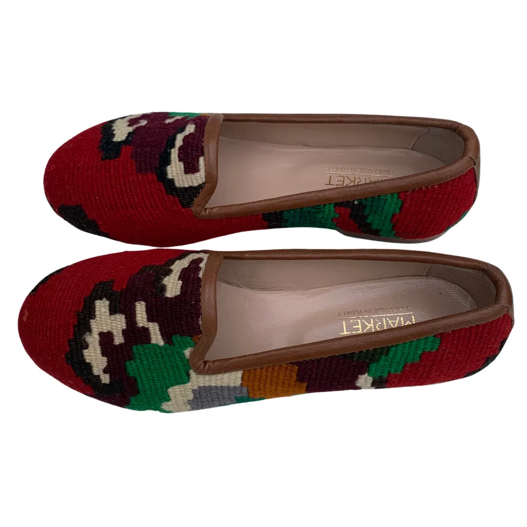 Women's Turkish Kilim Loafers Red with Cream & Green Pattern